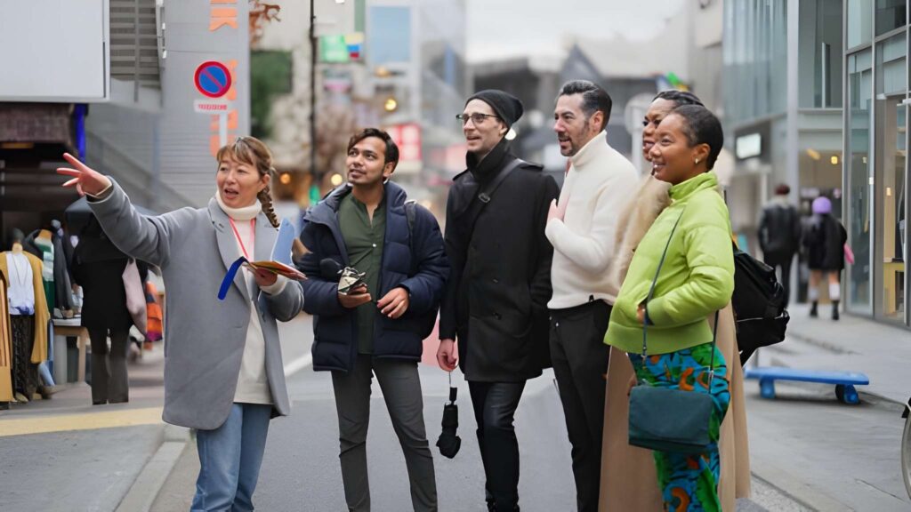 Tour guide explaining city japan