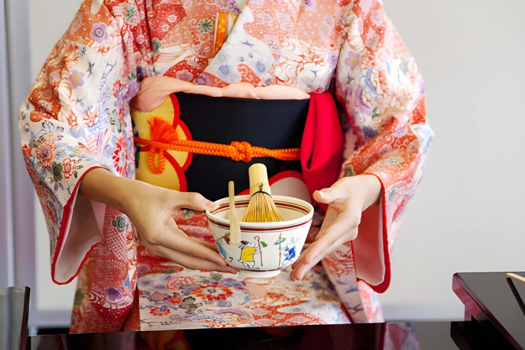 Traditional Japanese tea ceremony with matcha tea set